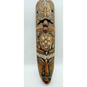 Vintage Exotic Wood Handcarved Wall Art Face with Turtles Mask Home Decor